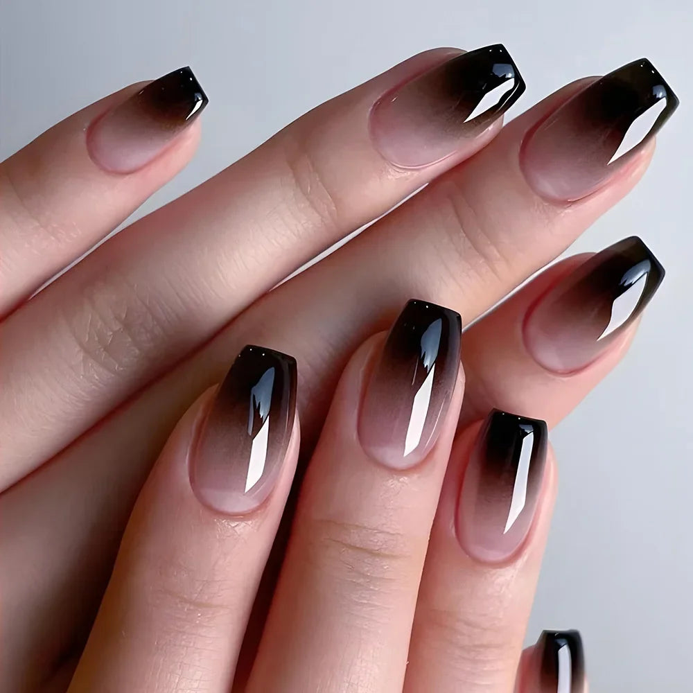 24Pcs Simple Square Head Fake Nail with Jelly Glue Pink White Gradient French Press on False Nails Short Full Cover Nail Tips 8