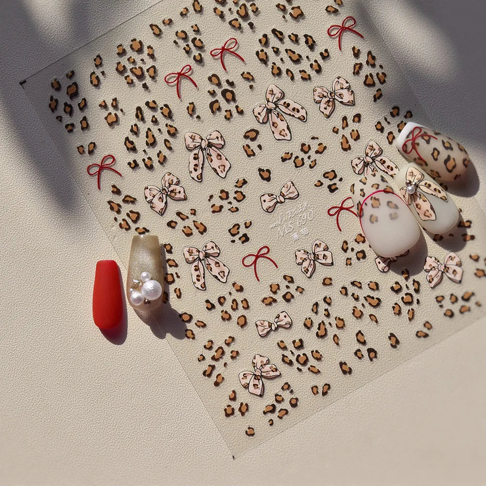 Autumn Winter Leopard Print Bow Nail Art Stickers 3D Thin Tough Nail Sticker Cute Bow Self Adhesive Nails Decorations Decals DIY 2