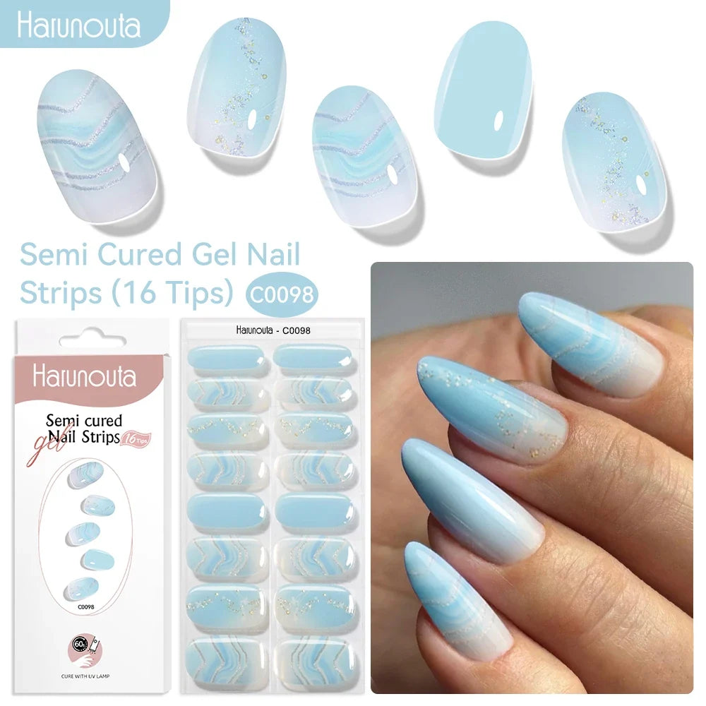Harunouta 16strips Gradient Red Marble Gold Line Semi Cured Gel Nail Strips DIY Gel Polish Stickers for Nails Work with UV/LED 31