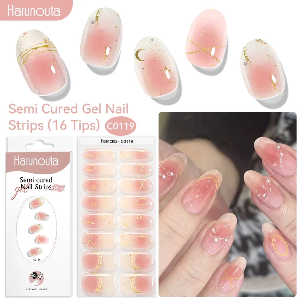 Harunouta 16strips Gradient Red Marble Gold Line Semi Cured Gel Nail Strips DIY Gel Polish Stickers for Nails Work with UV/LED 6
