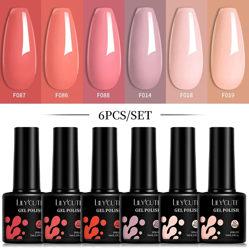 LILYCUTE 6Pcs/Set 7ML Gel DIY Nail Polish Bright Pink Semi Permanent Soak Off UV LED Gel Varnish Nail Art Design Manicure Kit 21