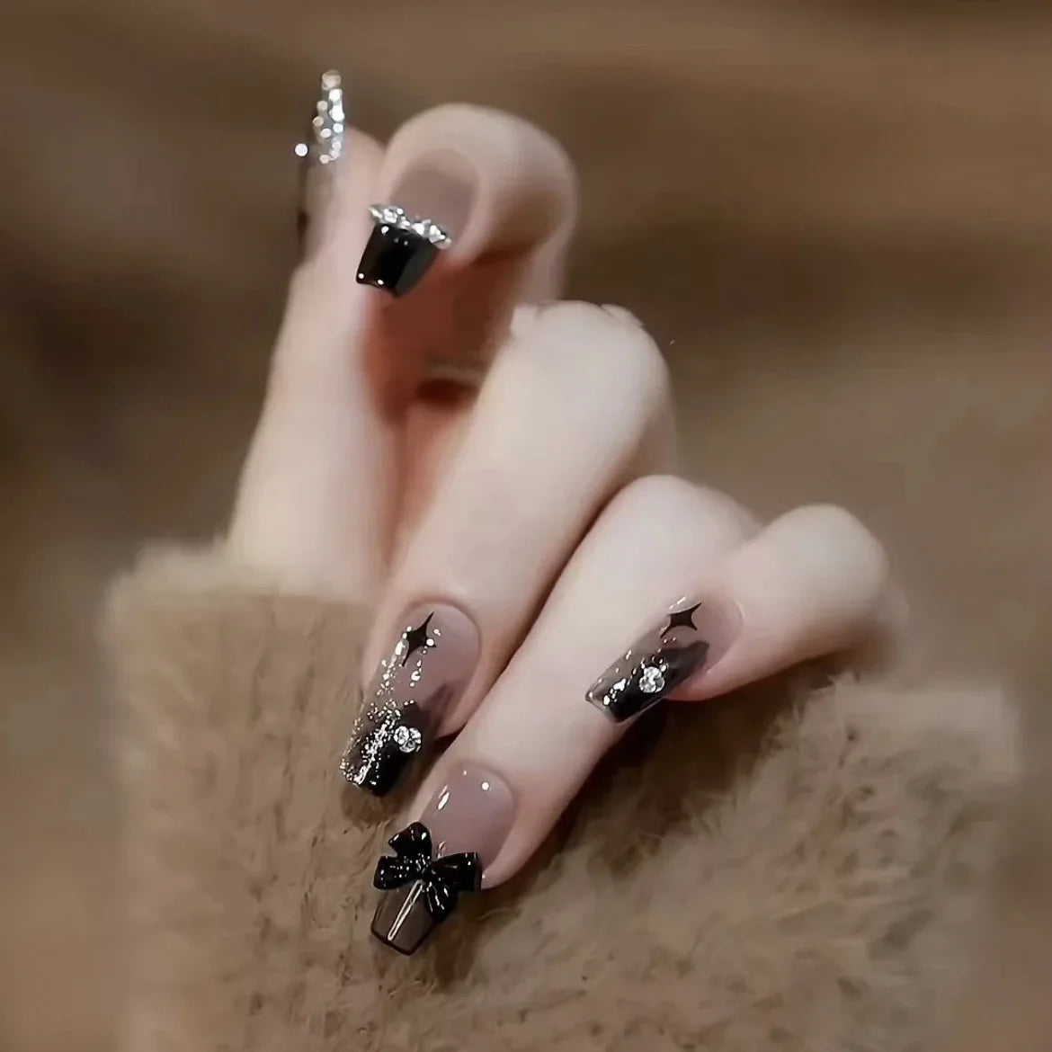 24PCS/1BOX  Dark Wind Gradient Long White Bow Nail Patch Fake Nails 3