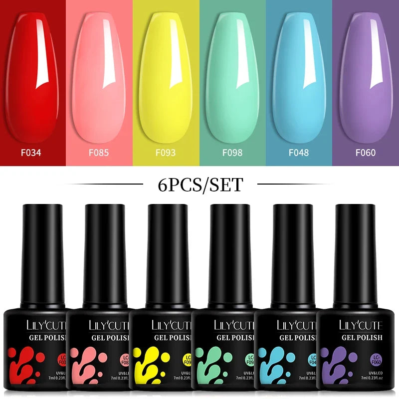 LILYCUTE 6Pcs/Set 7ML Gel DIY Nail Polish Bright Pink Semi Permanent Soak Off UV LED Gel Varnish Nail Art Design Manicure Kit 21