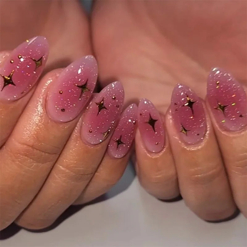 24Pcs Metallic Cat Eye French Sheer Manicure Tip Art Textured 3D Acrylic False Nails Nude Pink Almond Medium Press on Fake Nails 13