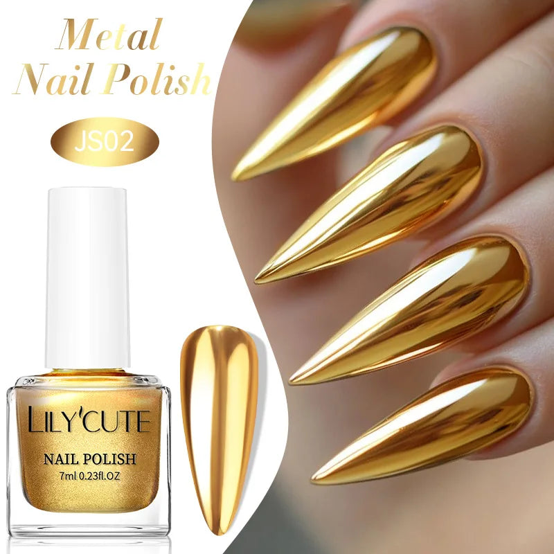 LILYCUTE 7ML Super Bright Silver Metallic Nail Polish No Need Lamp Quick Dry French Style Glass Bottle Manicure Nail Art Varnish 14