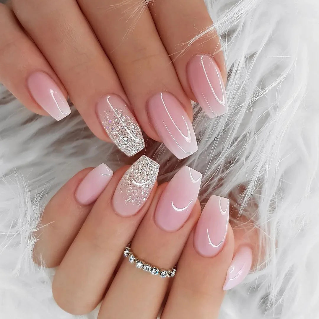 24Pcs Simple Square Head Fake Nail with Jelly Glue Pink White Gradient French Press on False Nails Short Full Cover Nail Tips 41