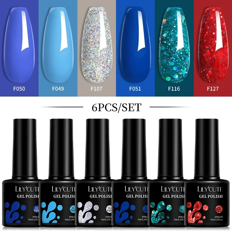 LILYCUTE 6Pcs/Set 7ML Gel DIY Nail Polish Bright Pink Semi Permanent Soak Off UV LED Gel Varnish Nail Art Design Manicure Kit 23