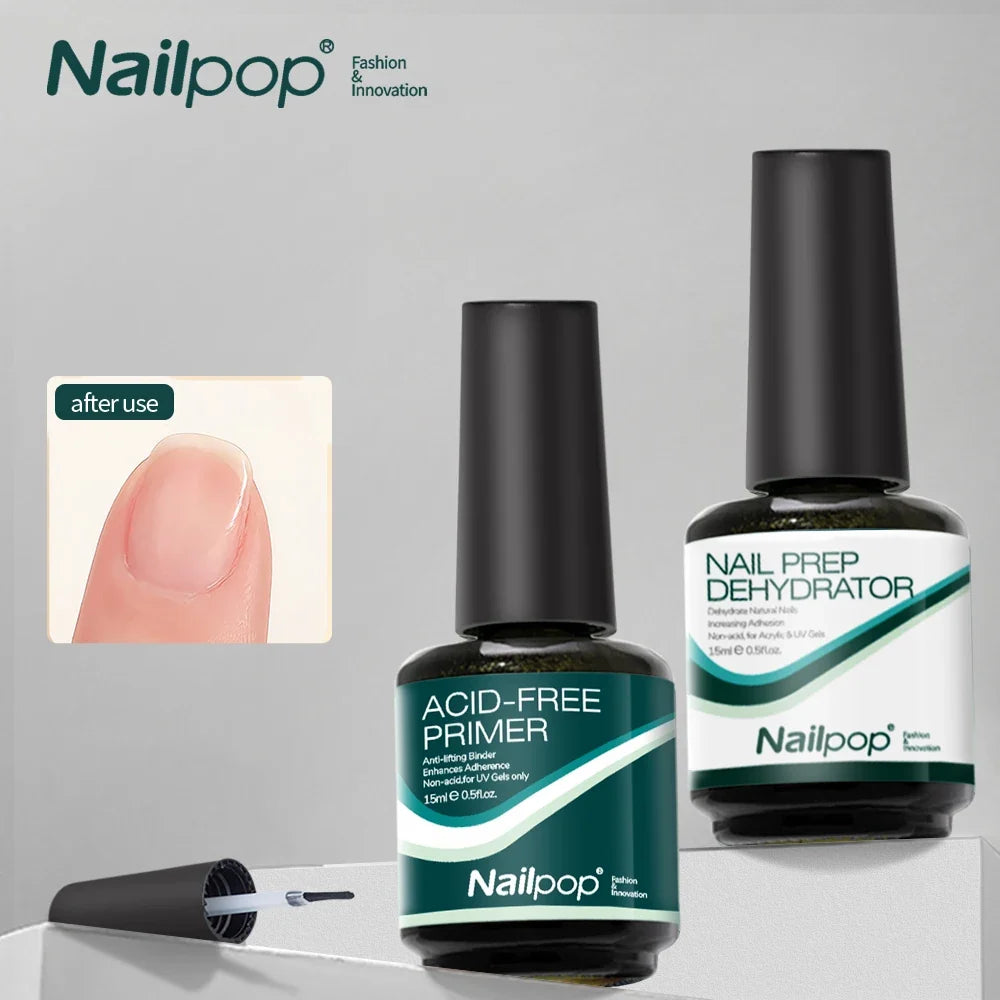 Nailpop Nail Dehydrator and Primer Acid Free Natural Nail Prep for Acrylic and UV Gel Nail Polish Fast Dry Superior Bonding Set 1