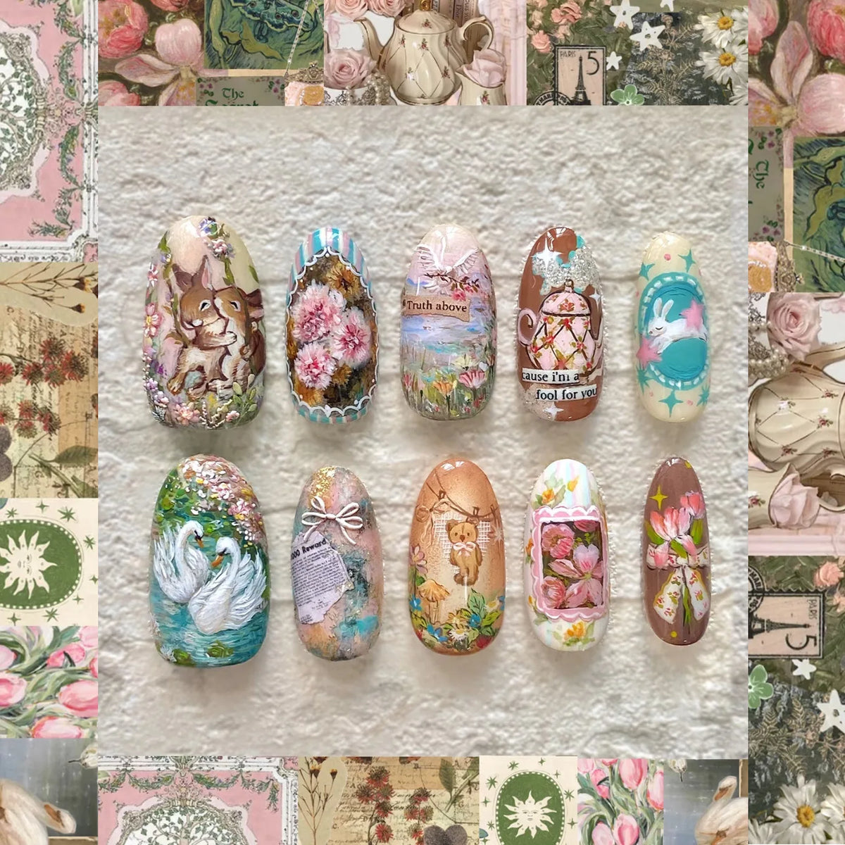 24pcs Flower Print Press on Nails Wine Red Blush Almond False Nail Tips Wearable Reusable Summer Spicy Girl Fake Nails 35