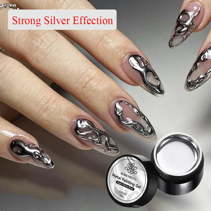 BORN PRETTY 5ml Metallic Painting Gel Polish Strong Silver Effection Nail Art Soak Off Gel Nail Polish Silver Mirror Gel 1