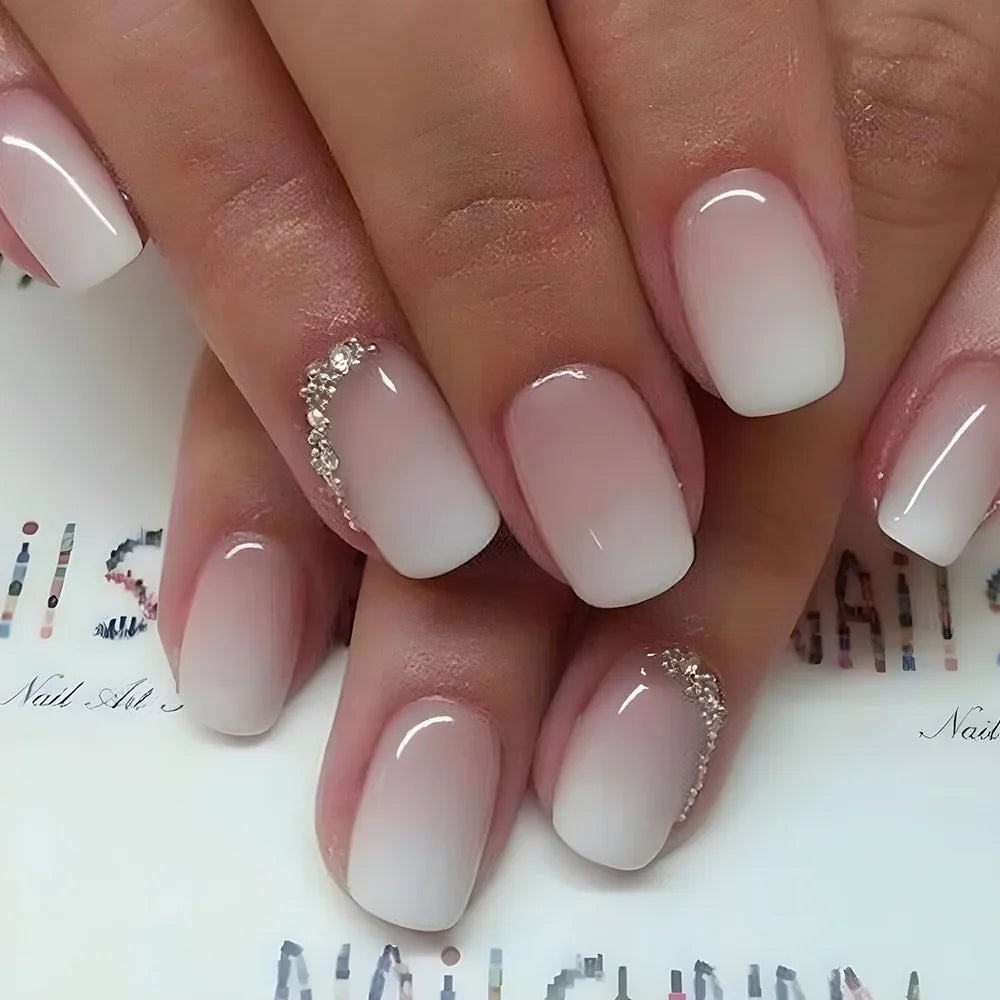 24Pcs Simple Square Head Fake Nail with Jelly Glue Pink White Gradient French Press on False Nails Short Full Cover Nail Tips 13