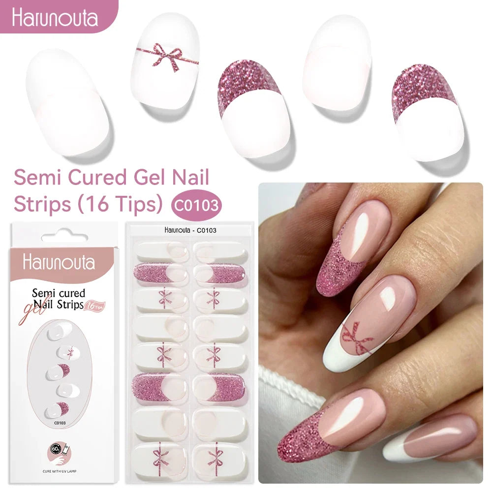 Harunouta 16strips Gradient Red Marble Gold Line Semi Cured Gel Nail Strips DIY Gel Polish Stickers for Nails Work with UV/LED 28