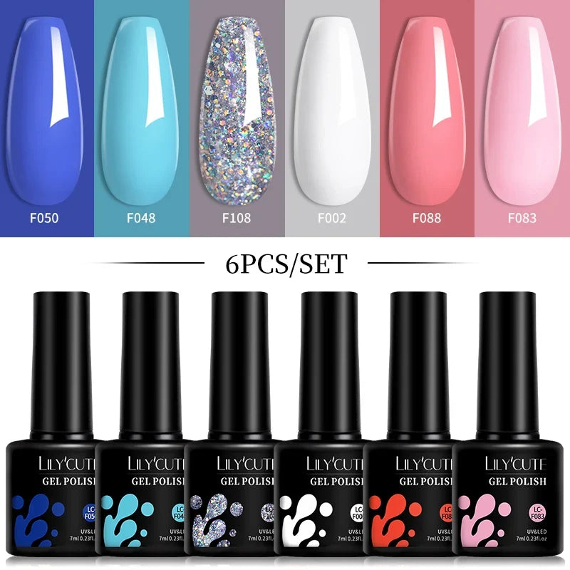 LILYCUTE 6Pcs/Set 7ML Gel DIY Nail Polish Bright Pink Semi Permanent Soak Off UV LED Gel Varnish Nail Art Design Manicure Kit 7