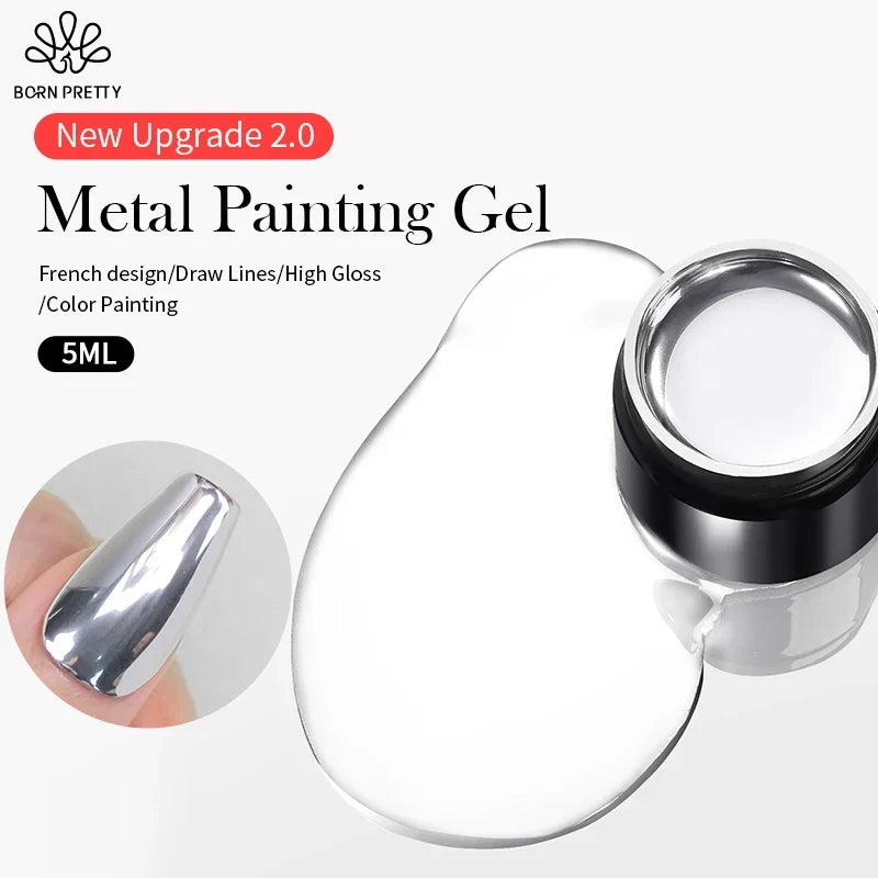 BORN PRETTY 5ml Metallic Painting Gel Polish Strong Silver Effection Nail Art Soak Off Gel Nail Polish Silver Mirror Gel 4