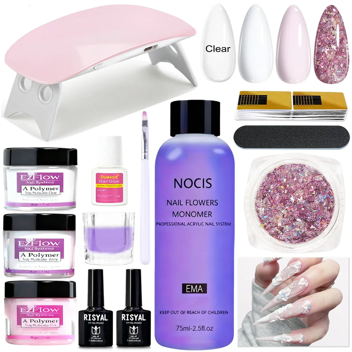 Acrylic Nail Kit ,Clear White Pink 28g Acrylic Powder and 75ml Liquid Set Brush Forms Cuticle Oil Pen Tools Manicure Nails Kit 1