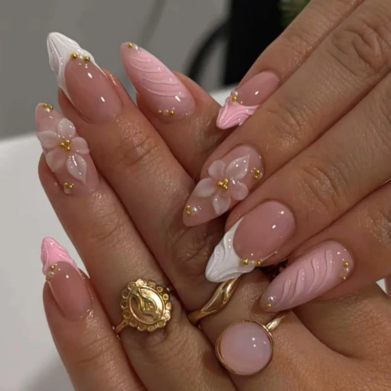 24Pcs 3D Strawberry Rabbit Flower Fake Nails Press on Mid-length Almond Wearable False Nails Green Gradient Pearl Manicure Tips 16