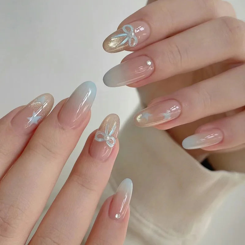 24Pcs Short Oval Head Blush Pink Press on Nails with Simple Designs Almond Nails Wearable Acrylic Full Cover Nail Tips with Glue 17
