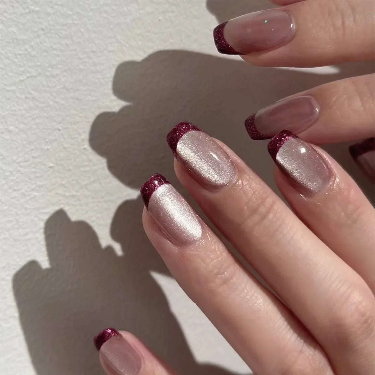 24Pcs Simple Square Head Fake Nail with Jelly Glue Pink White Gradient French Press on False Nails Short Full Cover Nail Tips 12