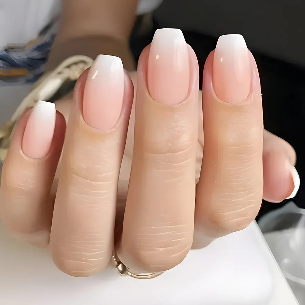 24Pcs Simple Square Head Fake Nail with Jelly Glue Pink White Gradient French Press on False Nails Short Full Cover Nail Tips 22