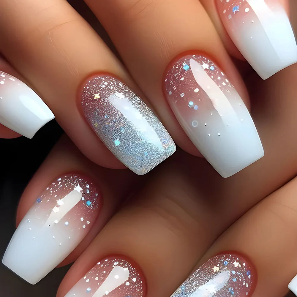 24Pcs Simple Square Head Fake Nail with Jelly Glue Pink White Gradient French Press on False Nails Short Full Cover Nail Tips 15
