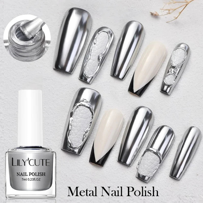 LILYCUTE 7ml Mirror Silver Metallic Nail Polish Super Bright Metal Effect Nail Art Varnish Fast Drying No Need Lamp For Manicure 2