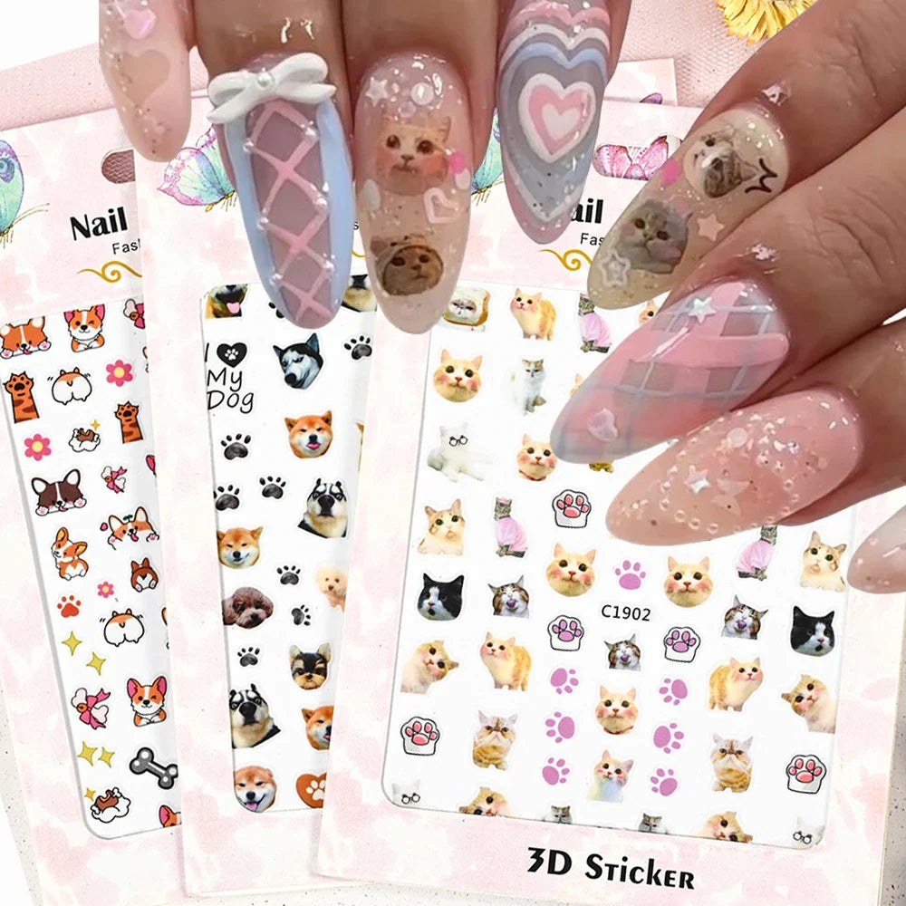Lovely Cat Nail Decals 3D Animal Cartoon Dog Scrawl Relief Self Adhesive Nail Art Stickers Cute Puppy Kitty Y2K Nails Decoration 2