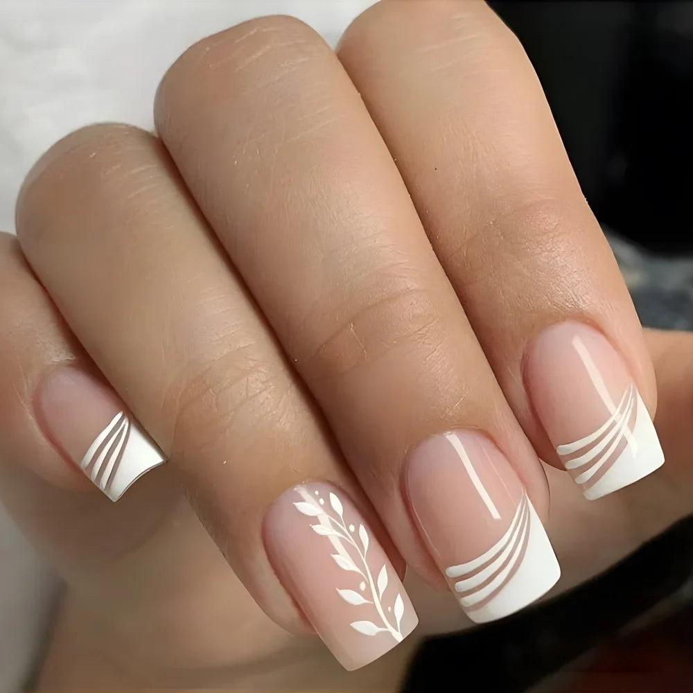 24Pcs Simple Square Head Fake Nail with Jelly Glue Pink White Gradient French Press on False Nails Short Full Cover Nail Tips 44