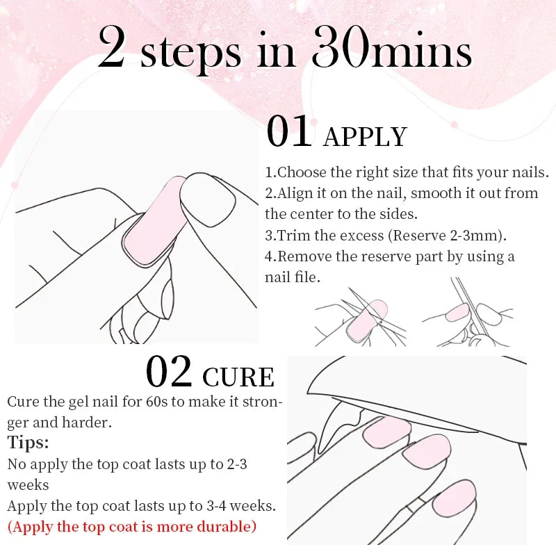 20Tips Gradient French Semi-cured Gel Nail Sticker UV Lamp Needed Full Cover Nail Gel Polish Wraps Manicure Press on Nails Decal 5