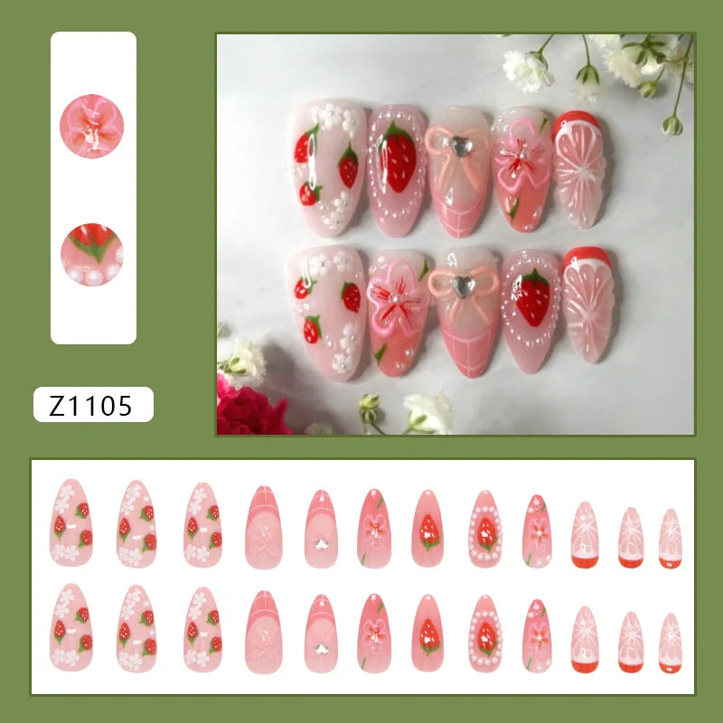 24pcs Flower Print Press on Nails Wine Red Blush Almond False Nail Tips Wearable Reusable Summer Spicy Girl Fake Nails 32