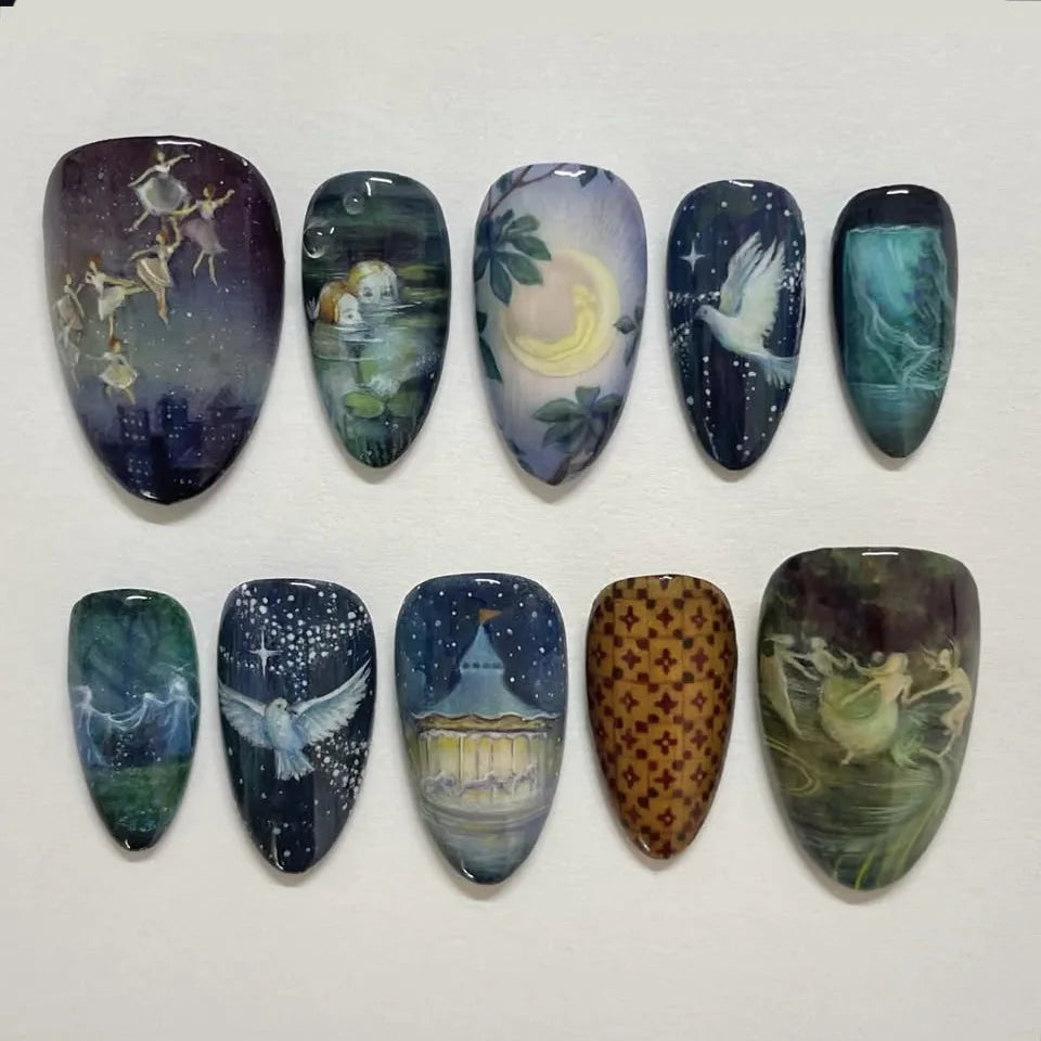 24pcs Gradient Black False Nails Yellow Star Moon Swan Pattern Press On Nails Sweet Cool Bowknots Flower Fake Nail Y2k Manicure 7