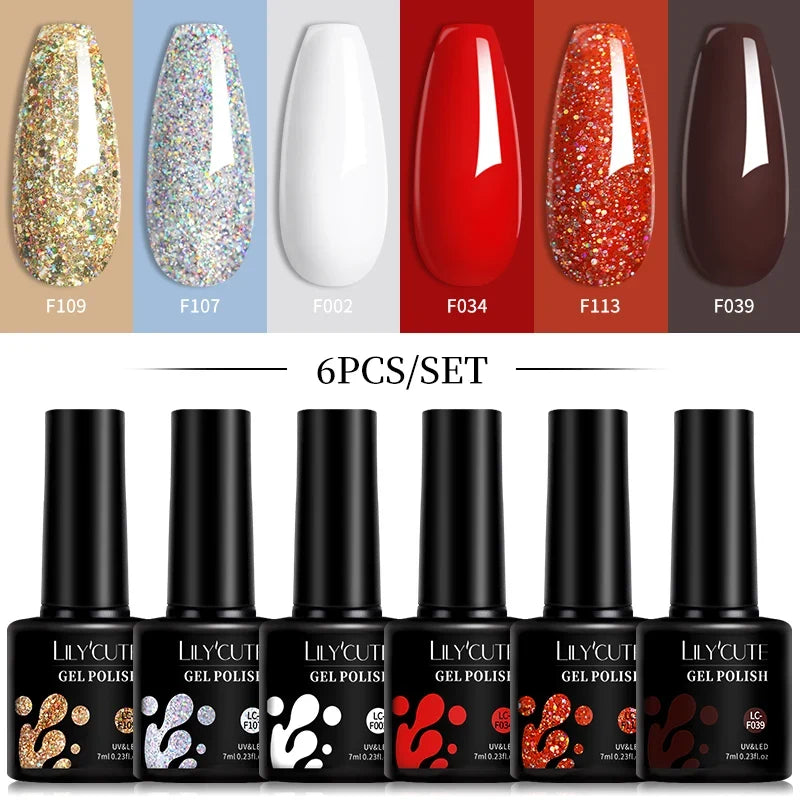 LILYCUTE 6Pcs/Set 7ML Gel DIY Nail Polish Bright Pink Semi Permanent Soak Off UV LED Gel Varnish Nail Art Design Manicure Kit 29