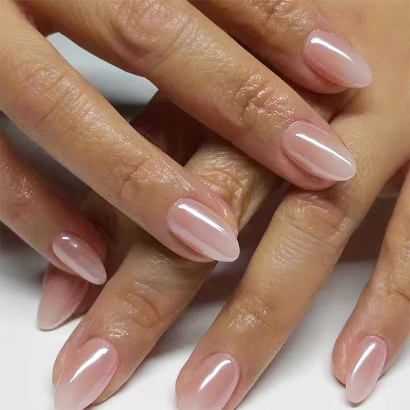 24Pcs Short Oval Head Blush Pink Press on Nails with Simple Designs Almond Nails Wearable Acrylic Full Cover Nail Tips with Glue 32