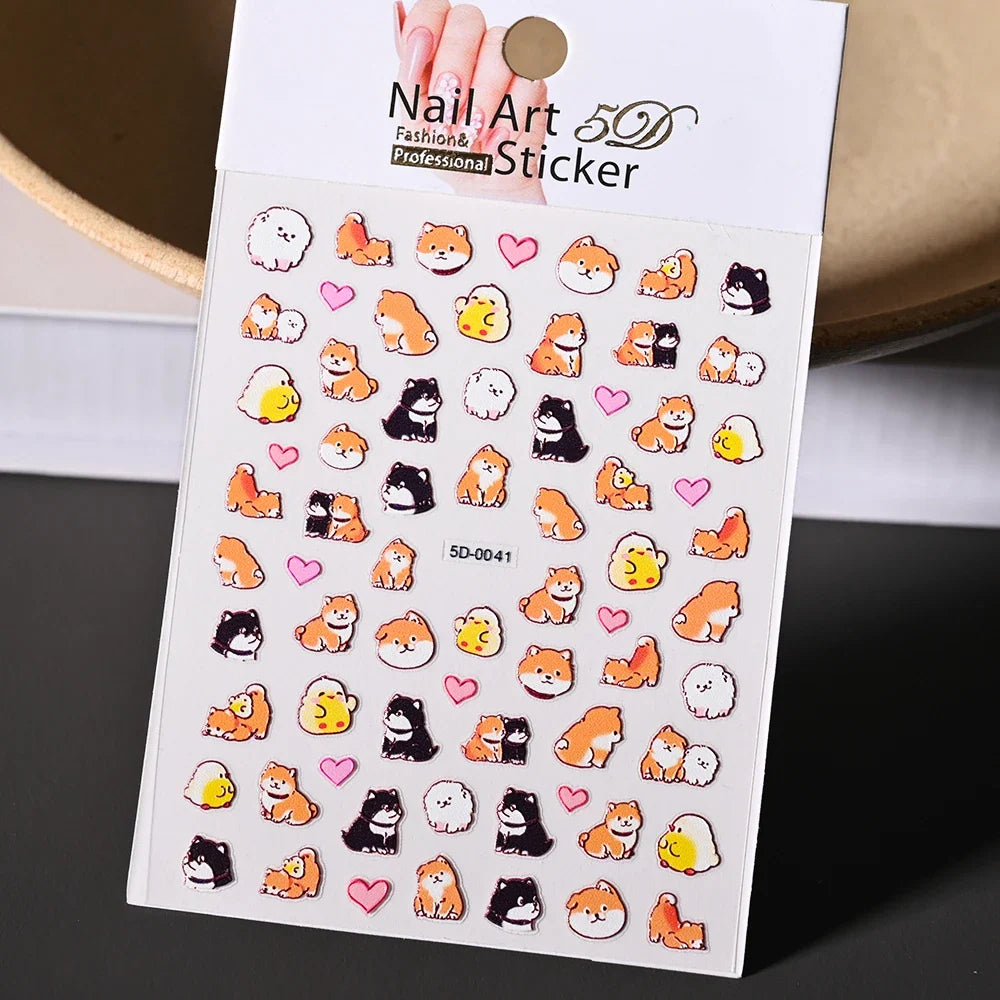 Lovely Cat Nail Decals 3D Animal Cartoon Dog Scrawl Relief Self Adhesive Nail Art Stickers Cute Puppy Kitty Y2K Nails Decoration 23