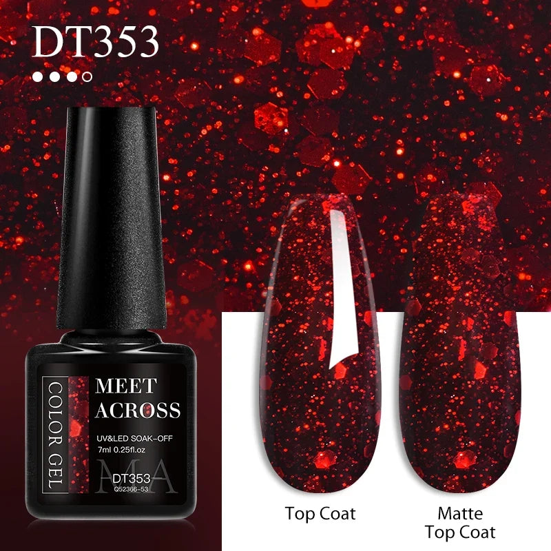 MEET ACROSS 7ml Red Gel Nail Polish Crystal Semi Permanent Soak Off UV Gel Varnish Nail Art Manicure Base Matte Top Coat Vernis 2