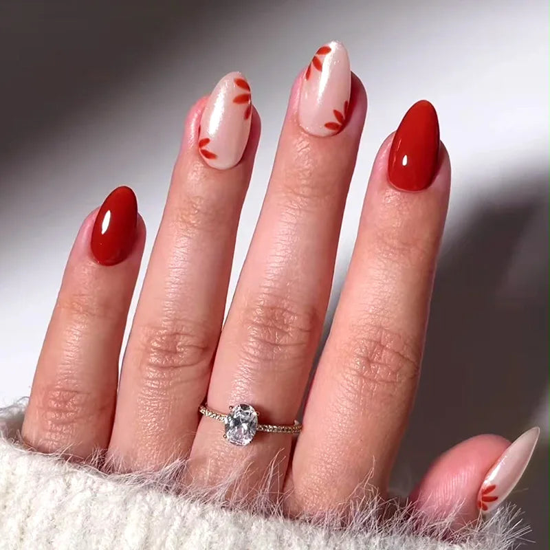 24pcs Red Flower Design Stick on Nail Art French Oval Fake Nail Finished Short Almond False Nails Datachable Press on Nails Tips 5
