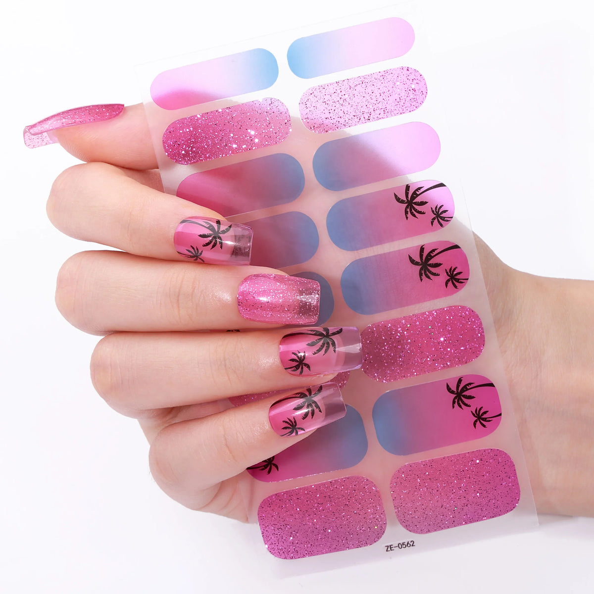 16Tips Full Cover Baking-Free Nail Polish Strips Summer Beach Coconut Tree Self-Adhesive DIY Nail Stickers Manicure Decoration 3