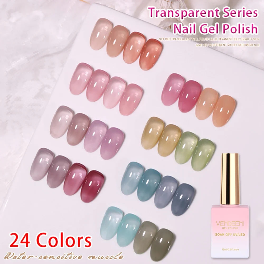 Vendeeni 24 Colors Jelly Transparent Gel Nail Polish Nude Pink Skin Color UV Soak Off Gel Varnish Jade Nail Art Gel Lacquer 15ml 1