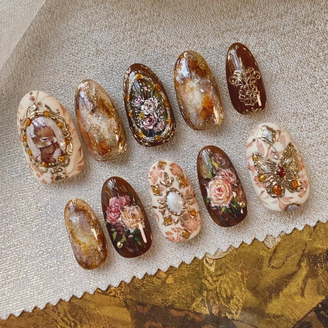 24pcs Flower Print Press on Nails Wine Red Blush Almond False Nail Tips Wearable Reusable Summer Spicy Girl Fake Nails 41