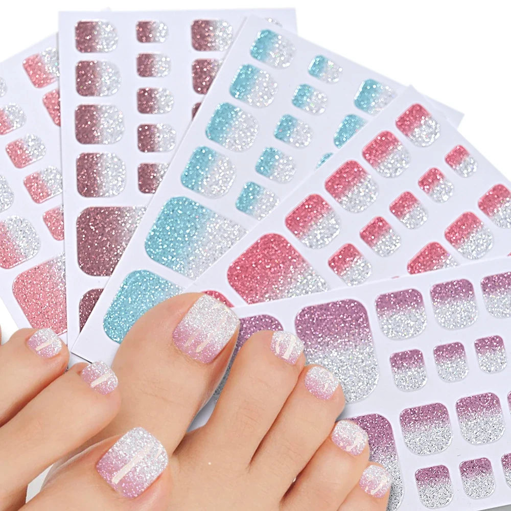1pcs 22tips Gradient Glitter Full Toe Nail Wraps 3D Shiny Omber Pink/Purple/blue Toe Nail Polish Stickers Baking Free Toe Strips 1