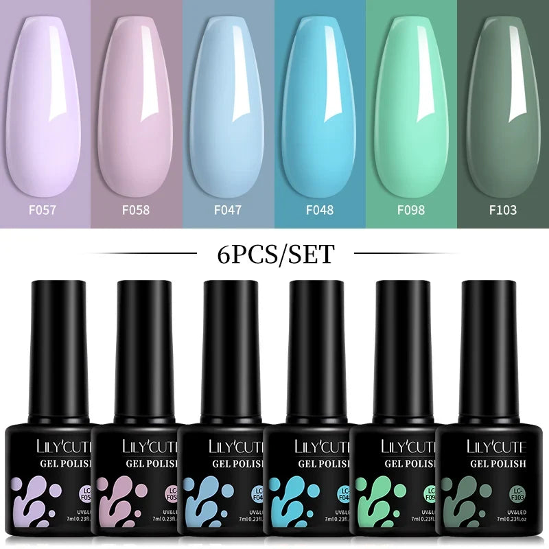 LILYCUTE 6Pcs/Set 7ML Gel DIY Nail Polish Bright Pink Semi Permanent Soak Off UV LED Gel Varnish Nail Art Design Manicure Kit 25