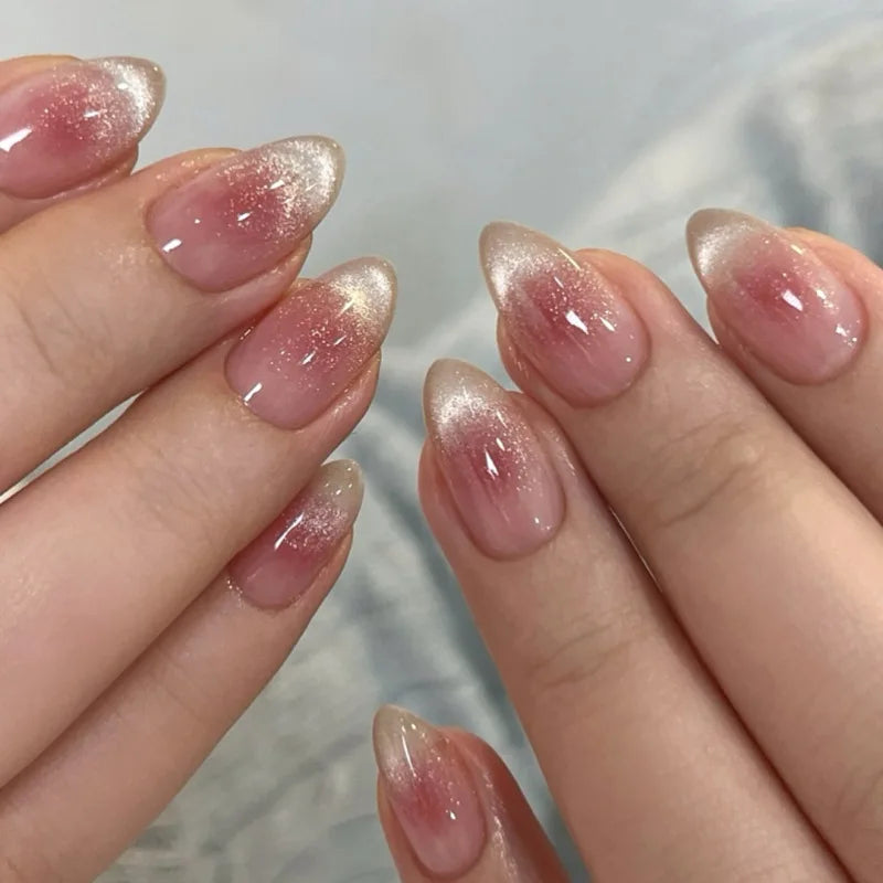24Pcs Metallic Cat Eye French Sheer Manicure Tip Art Textured 3D Acrylic False Nails Nude Pink Almond Medium Press on Fake Nails 30