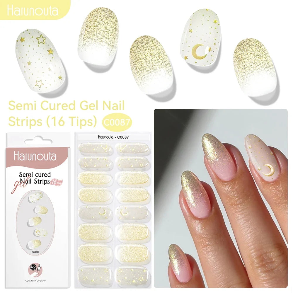 Harunouta 16strips Gradient Red Marble Gold Line Semi Cured Gel Nail Strips DIY Gel Polish Stickers for Nails Work with UV/LED 21