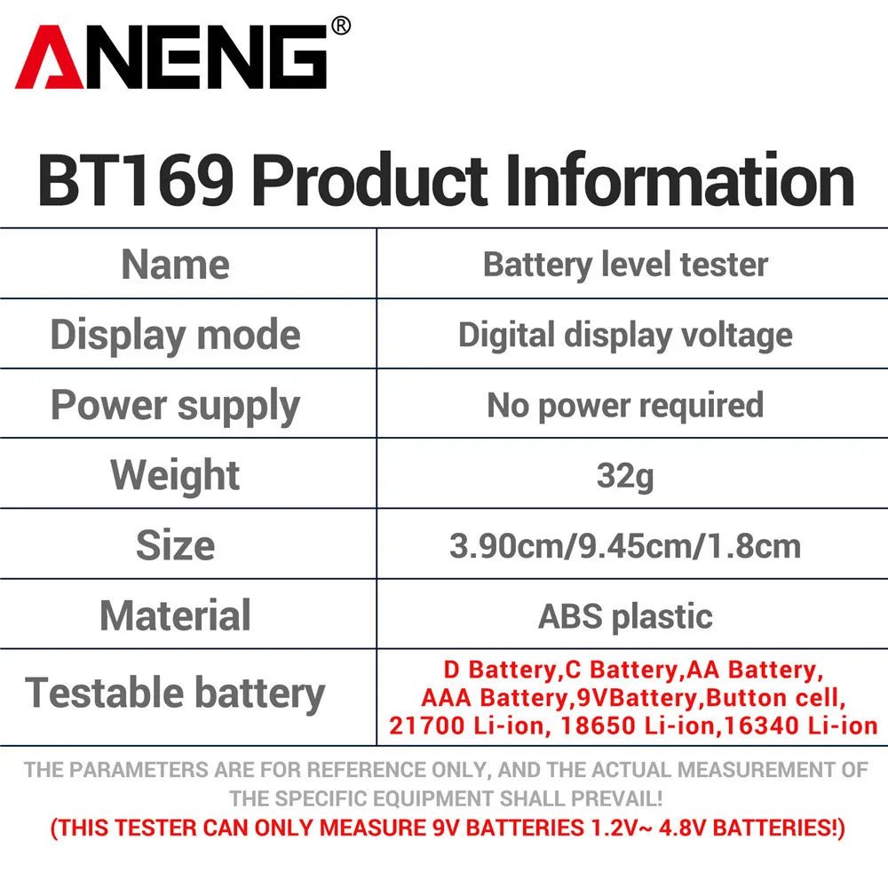 ANENG BT169 Battery Level Tester | Digital Display, No Power Required, Portable ABS Tester 6