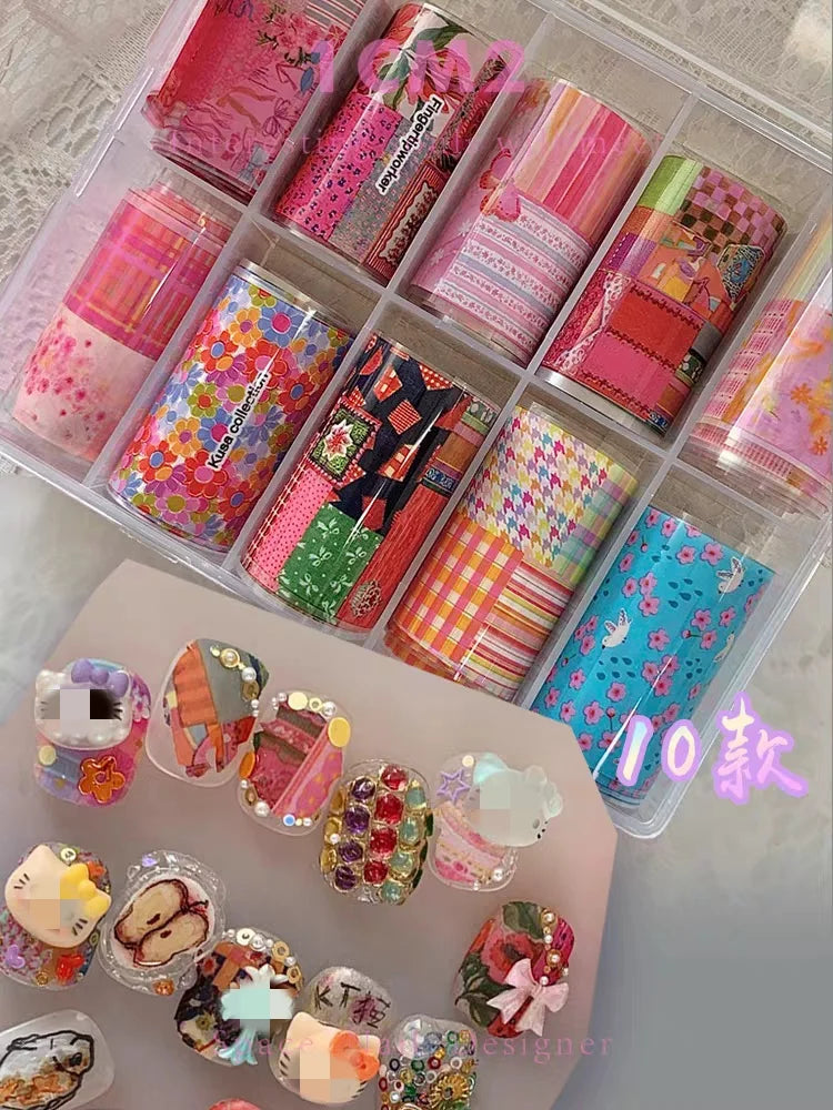 10Rolls Plaid Thousand-Bird Bow  Stars Nail Foils Transfer Paper  Nail Art Stickers  Manicure Set Decal  Nails Decoration 42
