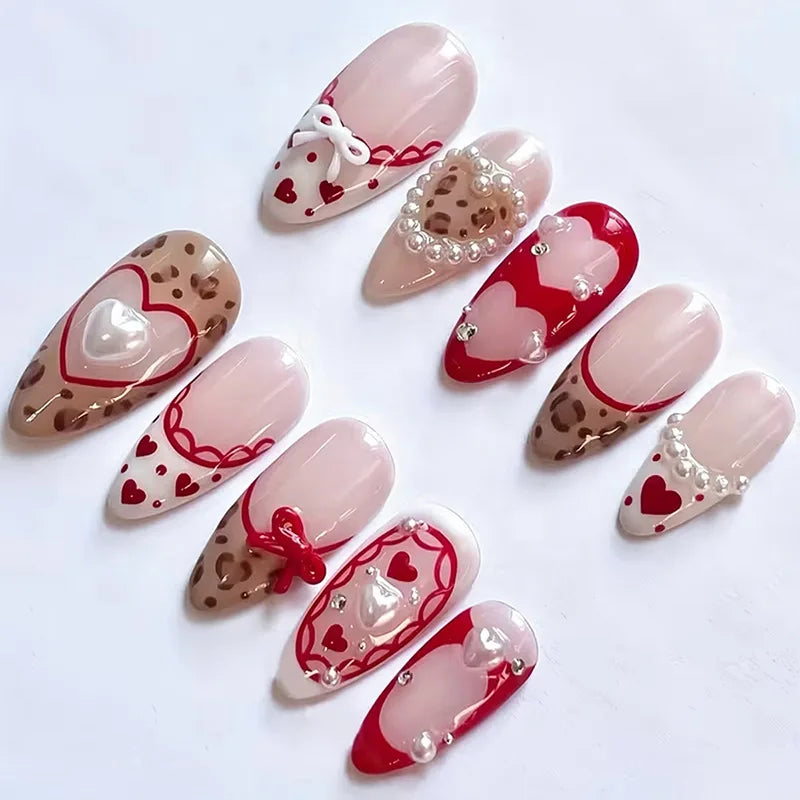 24Pcs 3D Strawberry Rabbit Flower Fake Nails Press on Mid-length Almond Wearable False Nails Green Gradient Pearl Manicure Tips 37