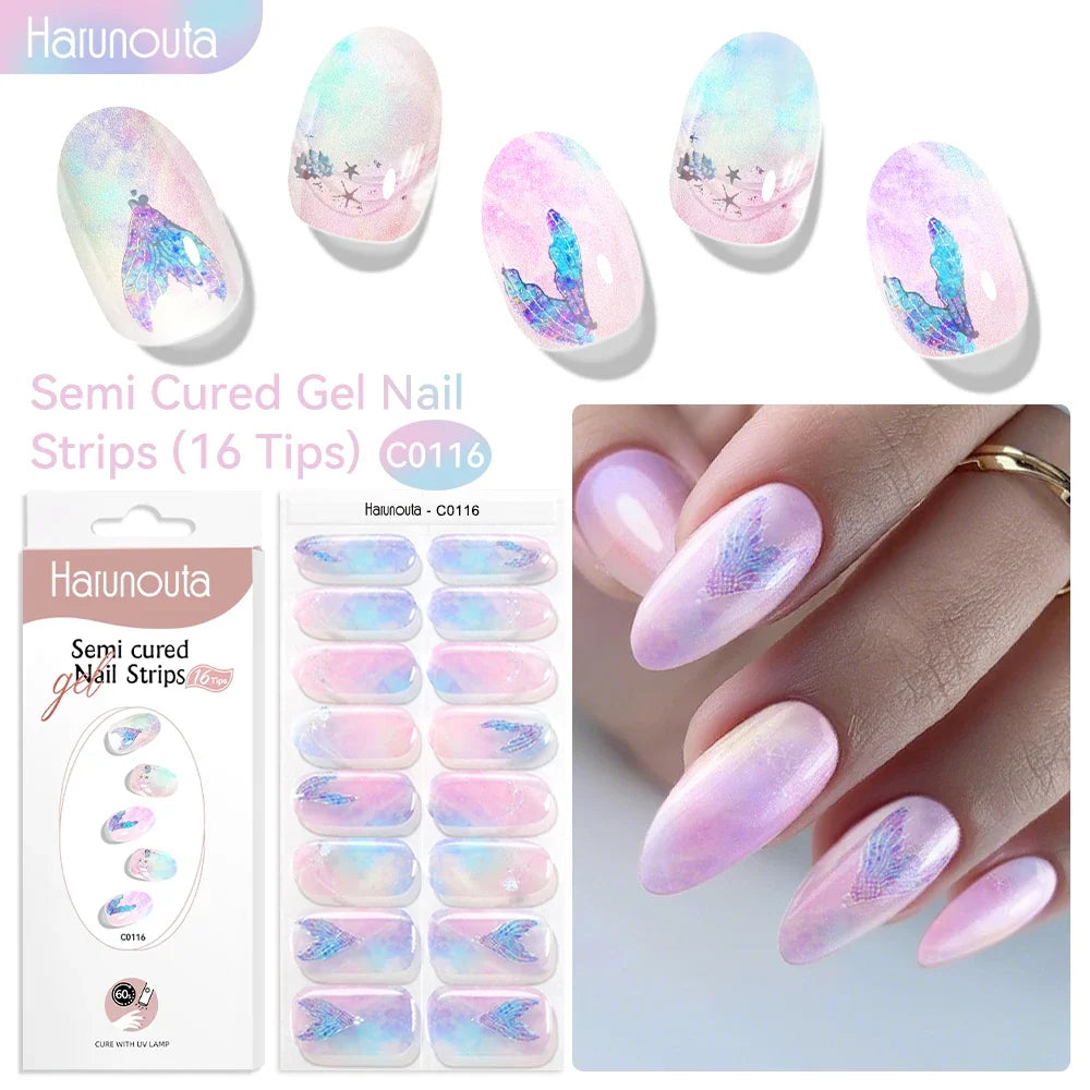 Harunouta 16strips Gradient Red Marble Gold Line Semi Cured Gel Nail Strips DIY Gel Polish Stickers for Nails Work with UV/LED 40