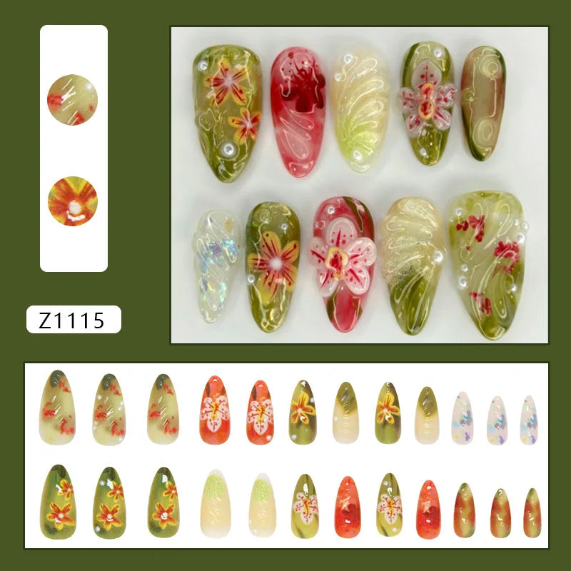 24pcs Flower Print Press on Nails Wine Red Blush Almond False Nail Tips Wearable Reusable Summer Spicy Girl Fake Nails 20