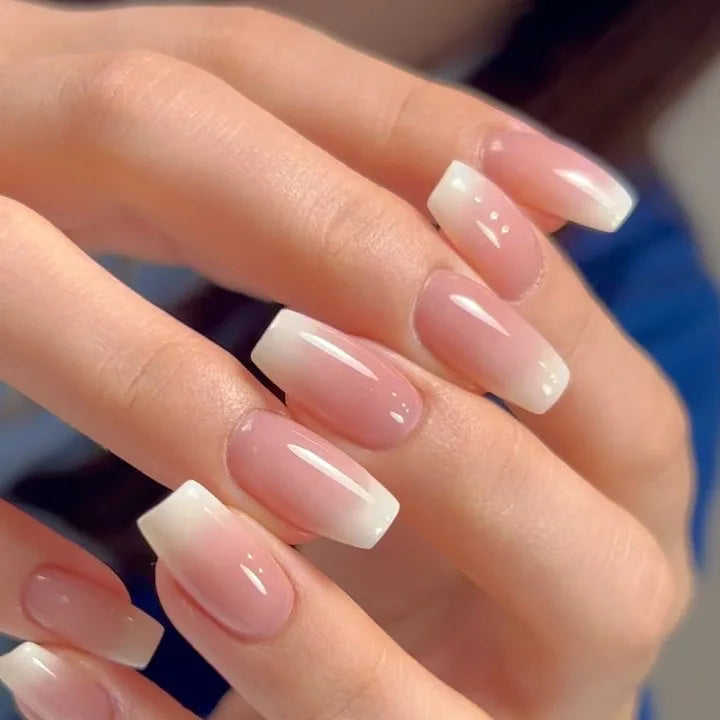 24Pcs Simple Square Head Fake Nail with Jelly Glue Pink White Gradient French Press on False Nails Short Full Cover Nail Tips 36