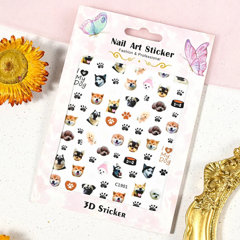 Lovely Cat Nail Decals 3D Animal Cartoon Dog Scrawl Relief Self Adhesive Nail Art Stickers Cute Puppy Kitty Y2K Nails Decoration 21