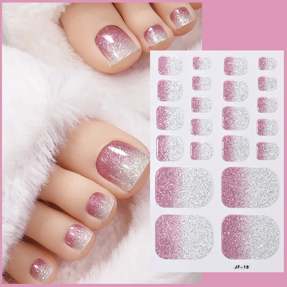 1pcs 22tips Gradient Glitter Full Toe Nail Wraps 3D Shiny Omber Pink/Purple/blue Toe Nail Polish Stickers Baking Free Toe Strips 3
